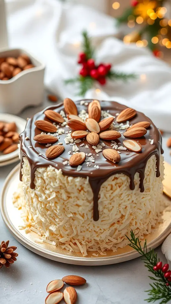 A beautifully decorated Almond Joy Plant Cake with chocolate ganache and almonds on top.