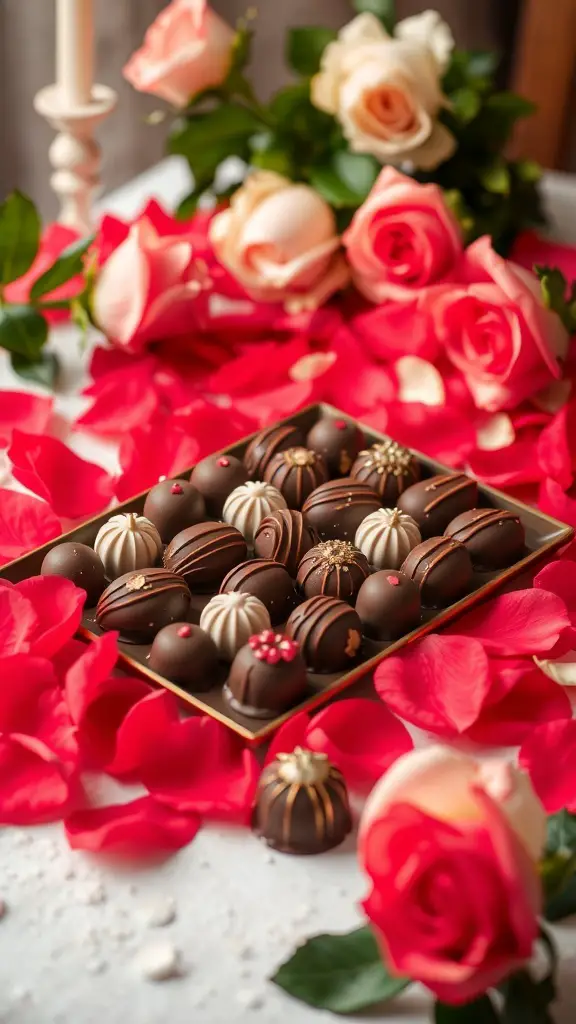 A table display featuring assorted chocolates surrounded by rose petals and fresh roses.
