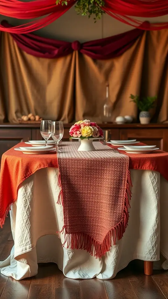 A beautifully set table with layered textiles, featuring a white tablecloth, orange table runner, and a textured throw.