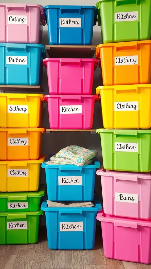 Color-coded plastic storage bins organized on shelves with labels