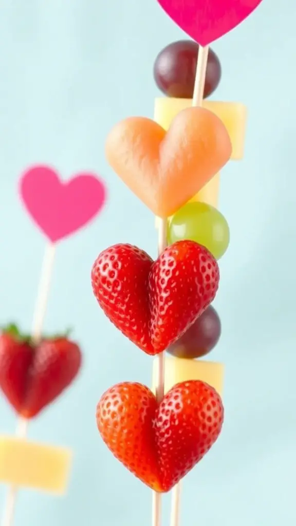 Colorful fruit kabobs with heart-shaped strawberries and other fruits on skewers
