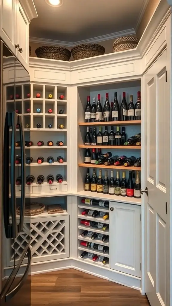27+ Creative Corner Kitchen Pantry Ideas to Maximize Your Space 14 A corner pantry with a wine rack, showcasing neatly arranged wine bottles on shelves.