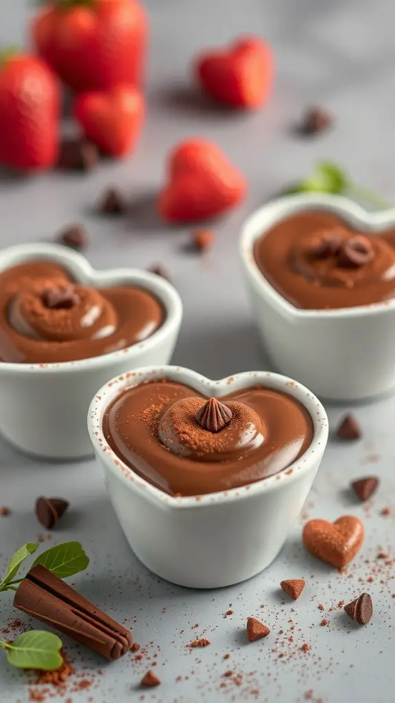 Chocolate mousse served in heart-shaped cups, garnished with chocolate and surrounded by strawberries.