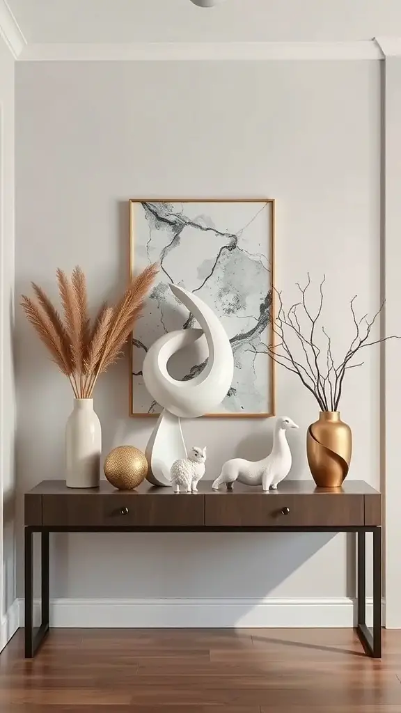 Stylish entryway table with artistic decor including a sculpture, vases, and wall art