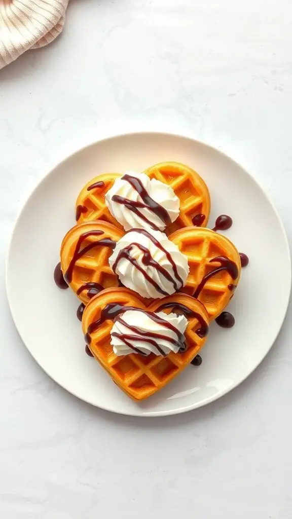 Heart-shaped waffles topped with whipped cream and chocolate sauce on a plate.