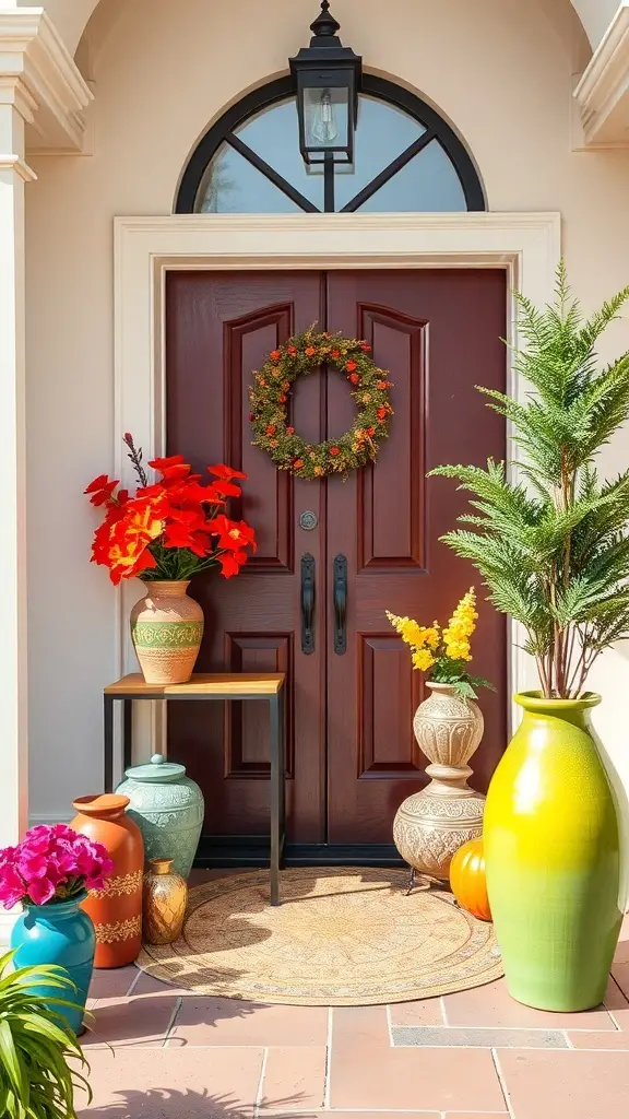 Colorful entryway decor with vibrant pots, flowers, and a welcoming door.