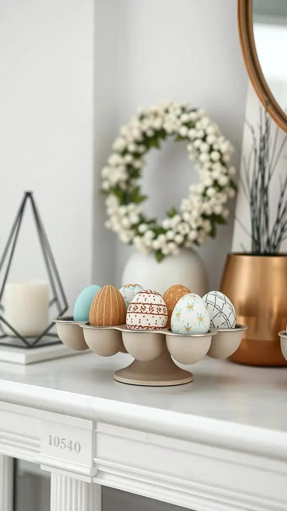 Chic egg holder display with decorated eggs on a mantle