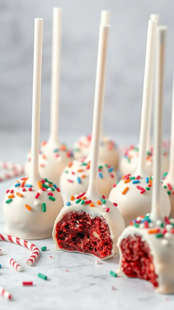 Red velvet cake pops with colorful sprinkles and a bite taken out of one