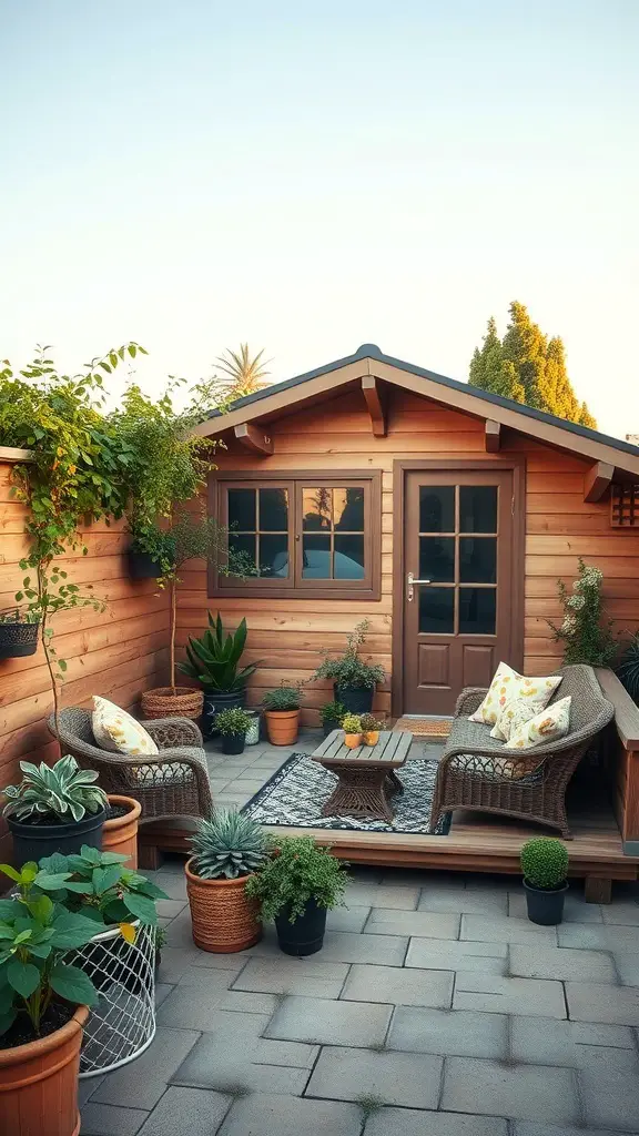 27+ Inspiring Tiny Shed House Ideas 8 A cozy tiny shed with a rooftop garden, surrounded by potted plants and outdoor seating.