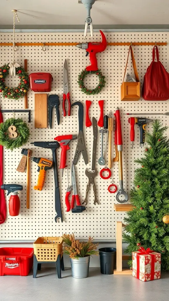 A garage pegboard displaying tools and seasonal decorations, including wreaths and a small Christmas tree.