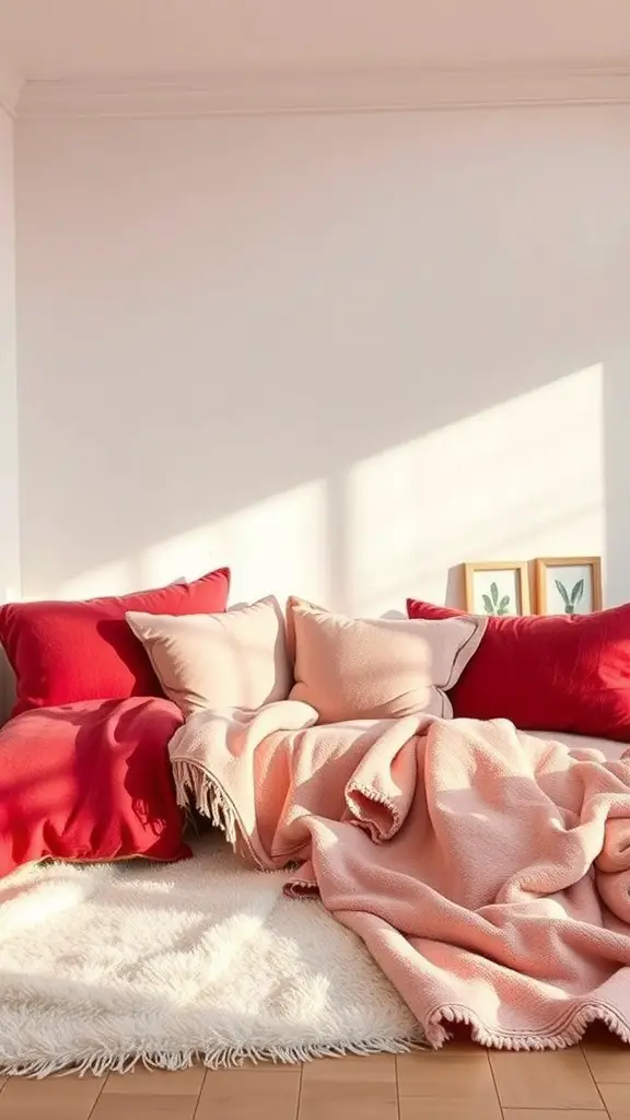 23 Adorable Valentine's Day Room Decor Ideas You’ll Love 15 Cozy living room setup with soft fabrics in red and pink tones