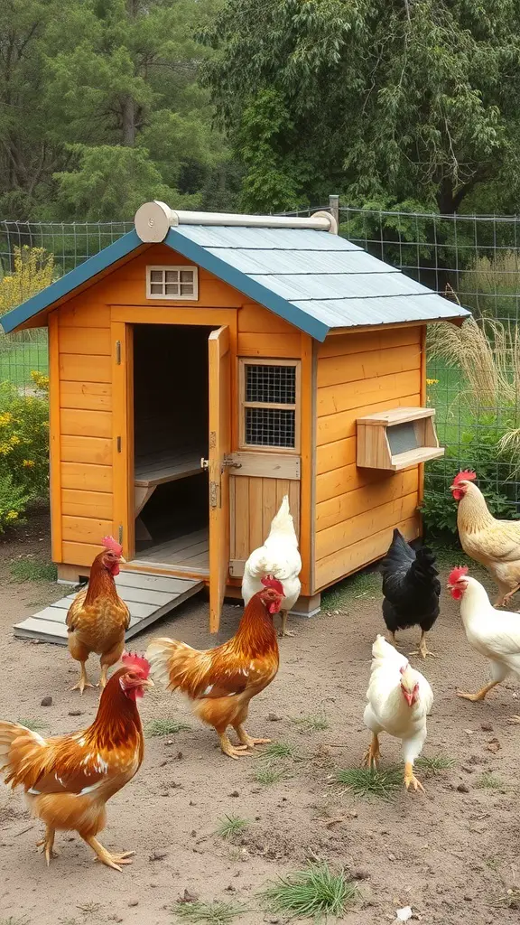 Small orange chicken coop with a run, surrounded by chickens