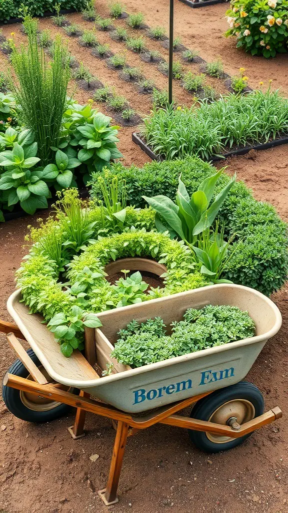 29+ Creative Wheelbarrow Garden Ideas 5 A wheelbarrow filled with various herbs arranged in a spiral pattern.