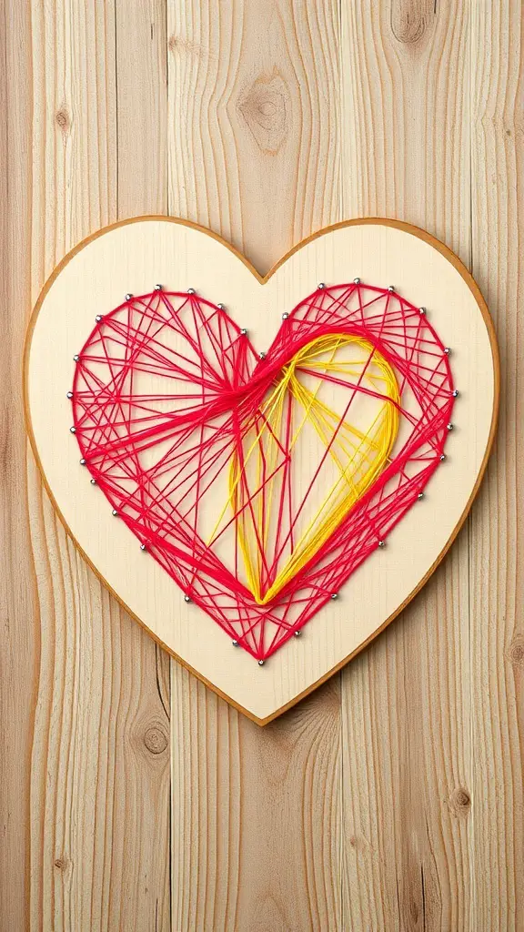 Colorful string art in the shape of a heart on a wooden background