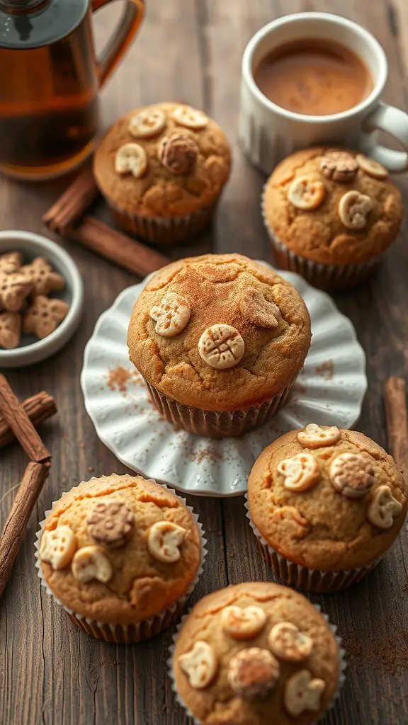Chai spice muffins with cookie decorations and a cup of tea