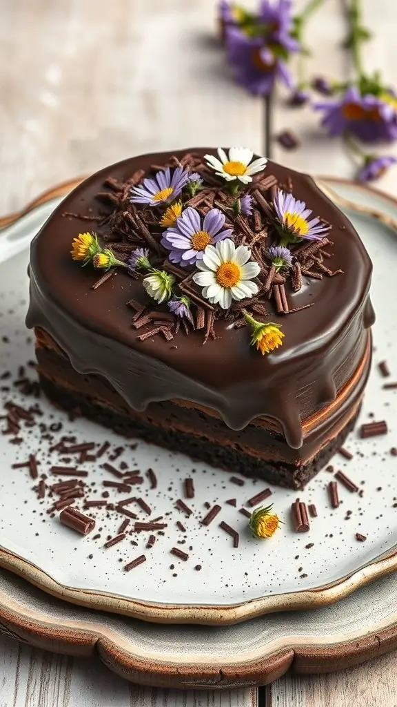 A chocolate ganache cake topped with wildflowers and chocolate shavings on a decorative plate.