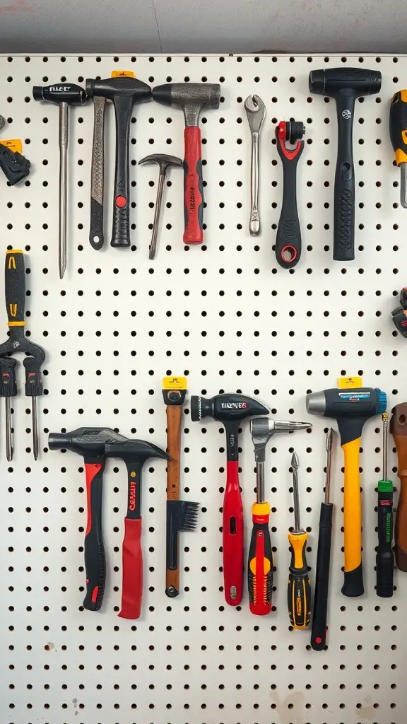 A pegboard displaying various home maintenance tools like hammers, screwdrivers, and wrenches.