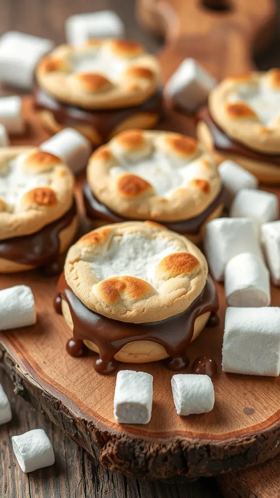 A plate of S'mores cookies with graham cracker crust, chocolate, and marshmallows.