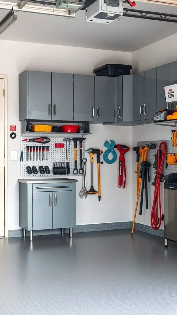 27+ Stylish Garage Cabinet Ideas for an Organized Space 6 A well-organized garage with gray wall-mounted cabinets and tools neatly arranged on a pegboard.