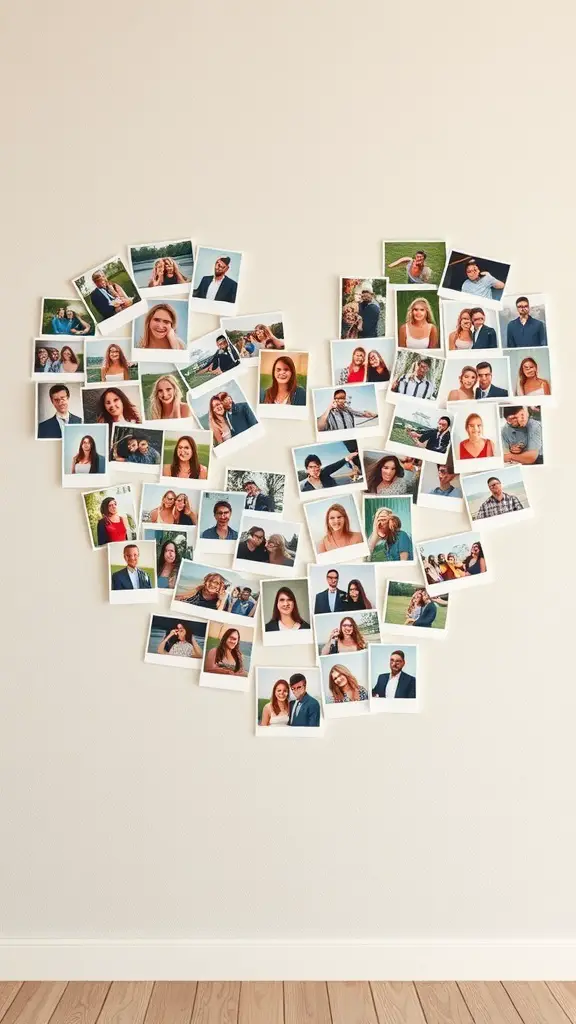 A heart-shaped collage of various personal photos displayed on a wall.