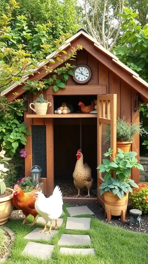 A cozy cottage-style chicken coop surrounded by plants, with chickens in front.