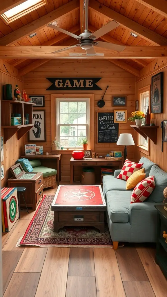 29+ Creative She Shed Ideas for Small Spaces 5 A cozy game room with wooden walls, a coffee table, a couch with colorful cushions, and game-themed decor.