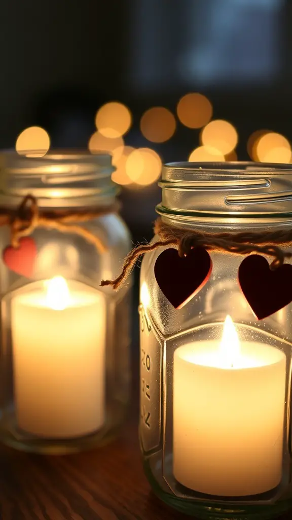 Two mason jar candle holders with candles inside, decorated with twine and heart shapes.