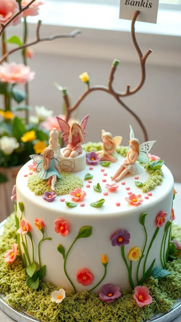 A whimsical fairy garden cake decorated with fondant flowers and fairy figurines.