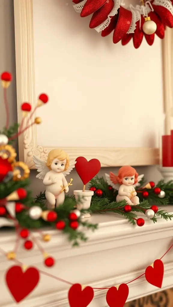 Two whimsical Cupid figurines on a decorated mantle with red hearts and greenery.