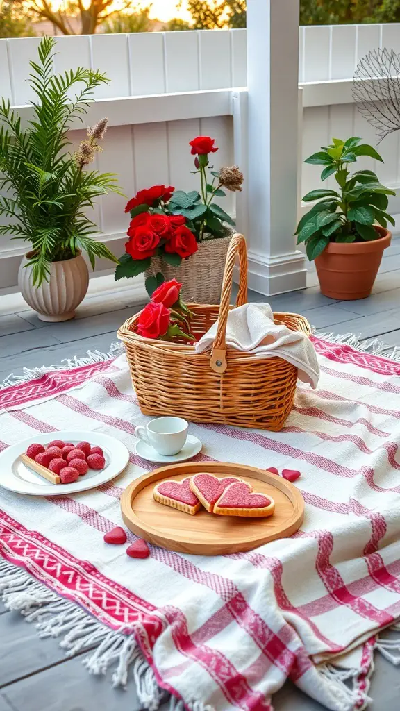 A romantic picnic setup on a patio with a blanket, wicker basket, heart-shaped cookies, and red roses.
