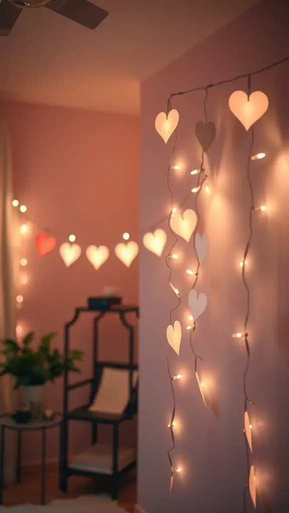 String lights with heart cutouts illuminating a cozy room