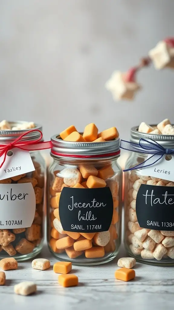 Three personalized jars filled with colorful candies, labeled with unique names.