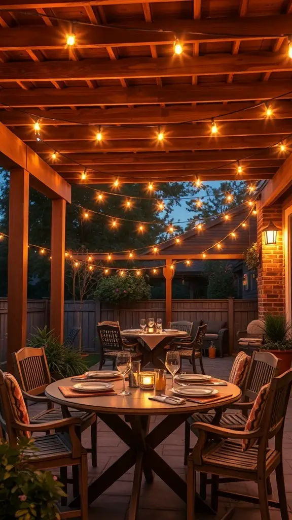 A cozy patio decorated with string lights, creating a romantic atmosphere.