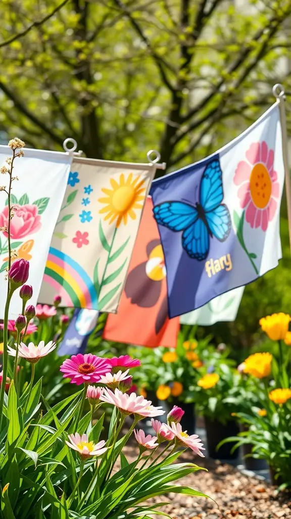 Colorful decorative garden flags displayed among blooming flowers in a garden.