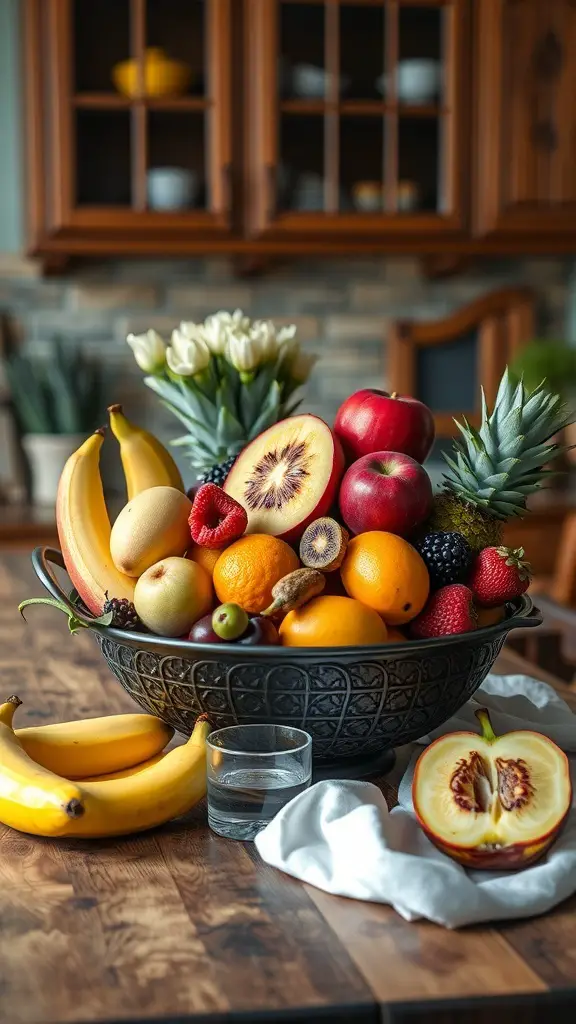 A decorative fruit bowl filled with various fruits and flowers on a kitchen table.