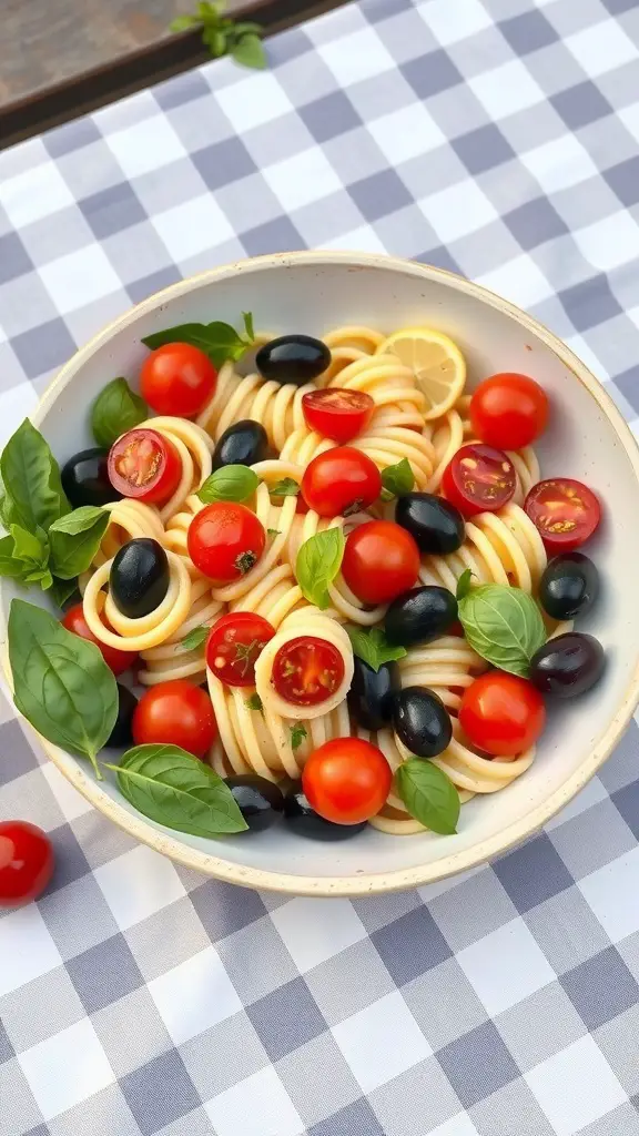 47+ Must-Try Easter Brunch Ideas for a Festive Celebration 11 A bowl of Lemon Basil Pasta Salad with cherry tomatoes, black olives, and fresh basil on a checkered tablecloth.