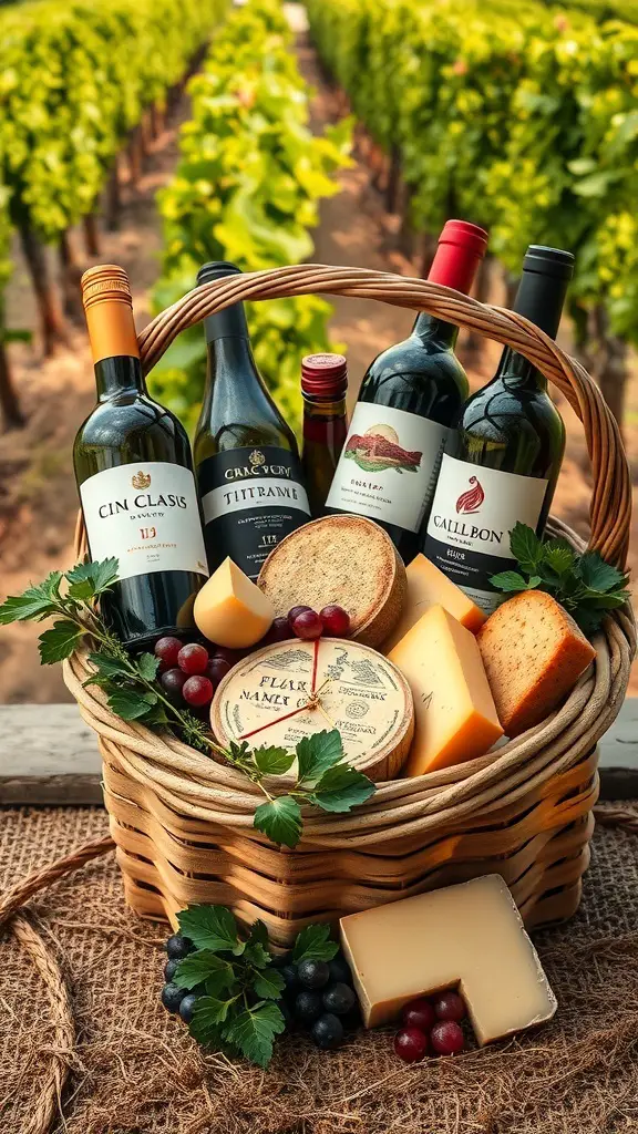 23+ Creative Valentine's Day Basket Ideas 5 A basket filled with wine bottles, assorted cheeses, and grapes, set against a vineyard backdrop.