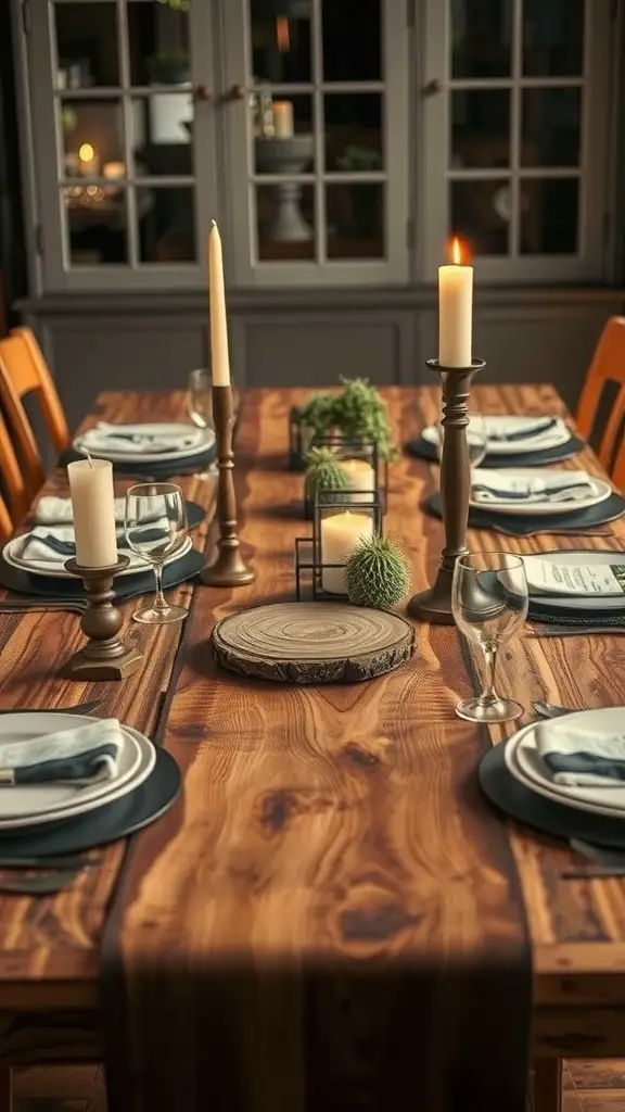 A rustic wooden dining table set with candles, greenery, and simple tableware.