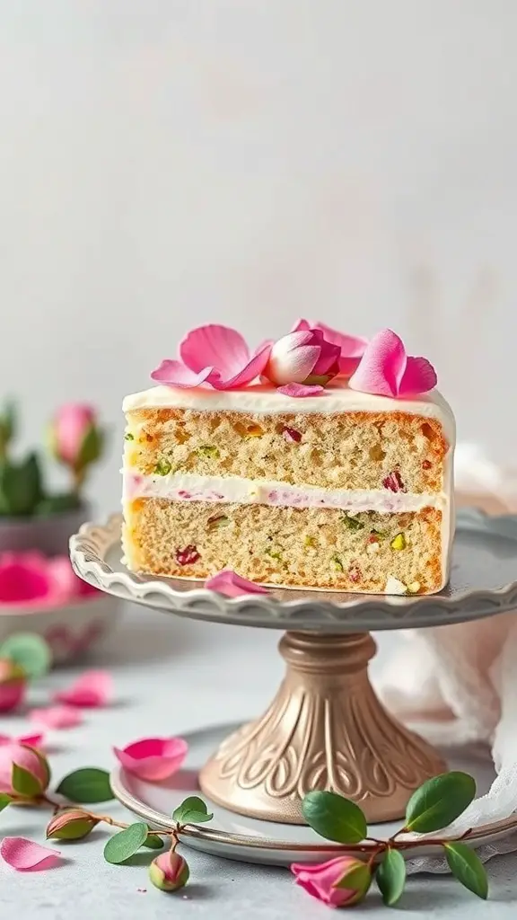 A slice of Pistachio and Rose Water Cake on a decorative stand, garnished with rose petals.