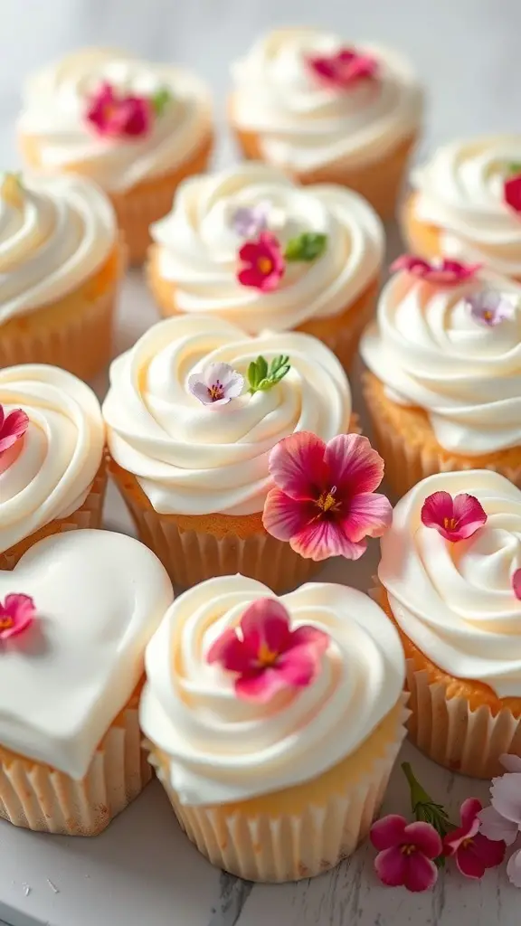 Vanilla bean heart cupcakes decorated with flowers