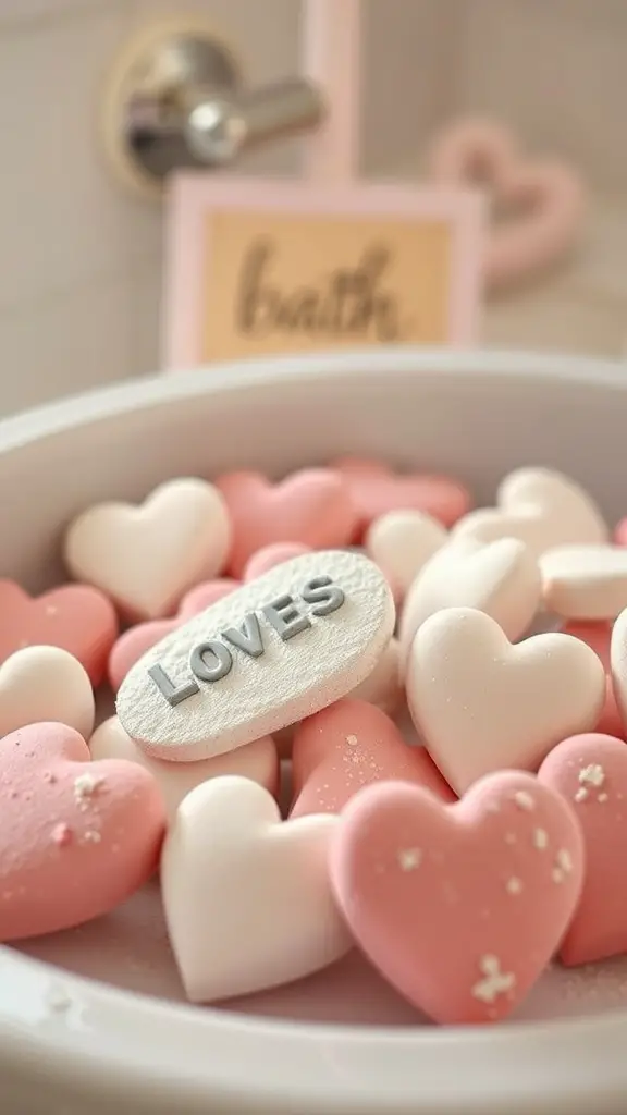 29+ Adorable Valentine Bathroom Decor Ideas for a Romantic Touch 9 A bowl filled with heart-shaped bath bombs in pink and white colors, with one bomb labeled 'LOVES'.