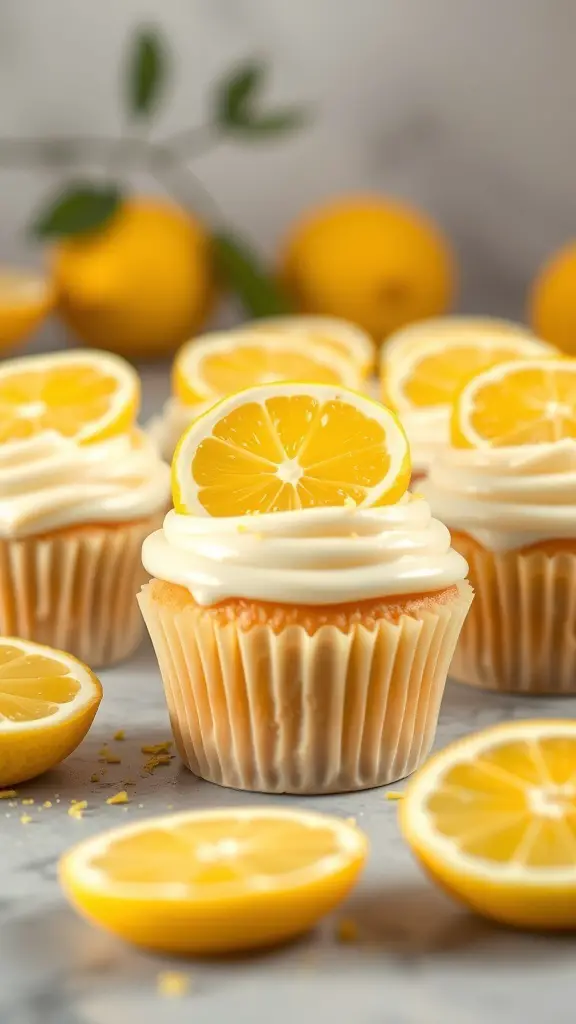 Heart-shaped lemon cupcakes with lemon slices on top