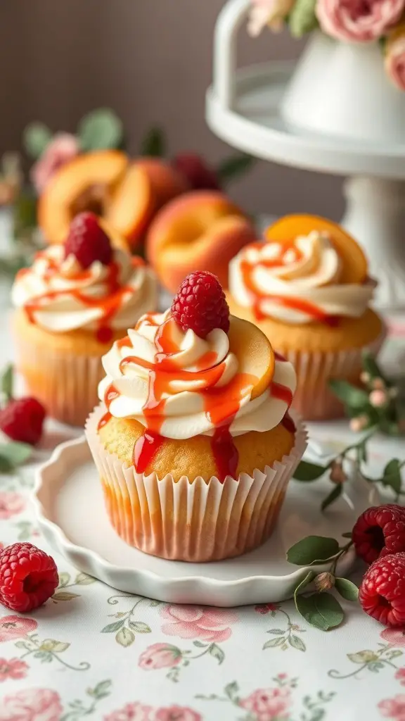 Peach Melba cupcakes with peach slices and raspberry sauce on top