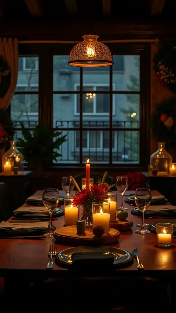 A beautifully set table with candles and flowers, creating a warm and inviting atmosphere.