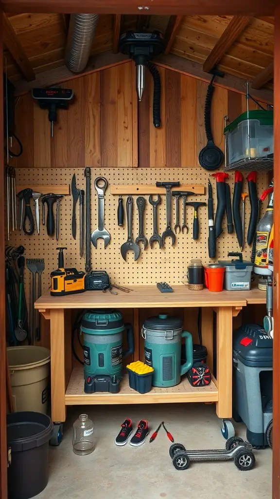 A compact workbench inside a shed with tools organized on a pegboard and storage bins underneath.