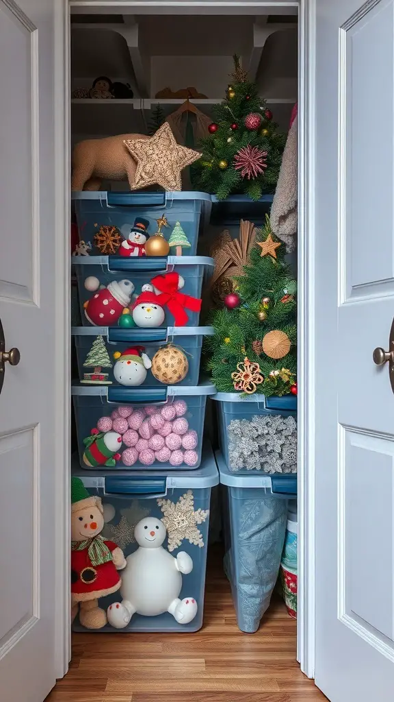 A closet filled with neatly stacked plastic boxes containing seasonal decorations like ornaments, plush figures, and a small Christmas tree.