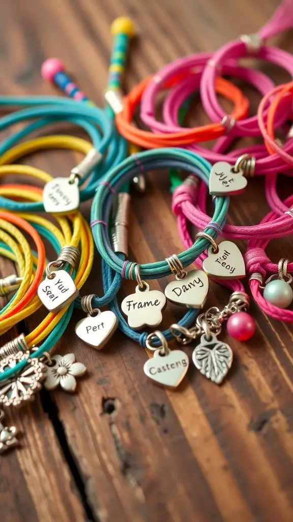 Colorful handmade friendship bracelets with charms and inscriptions on a wooden surface.