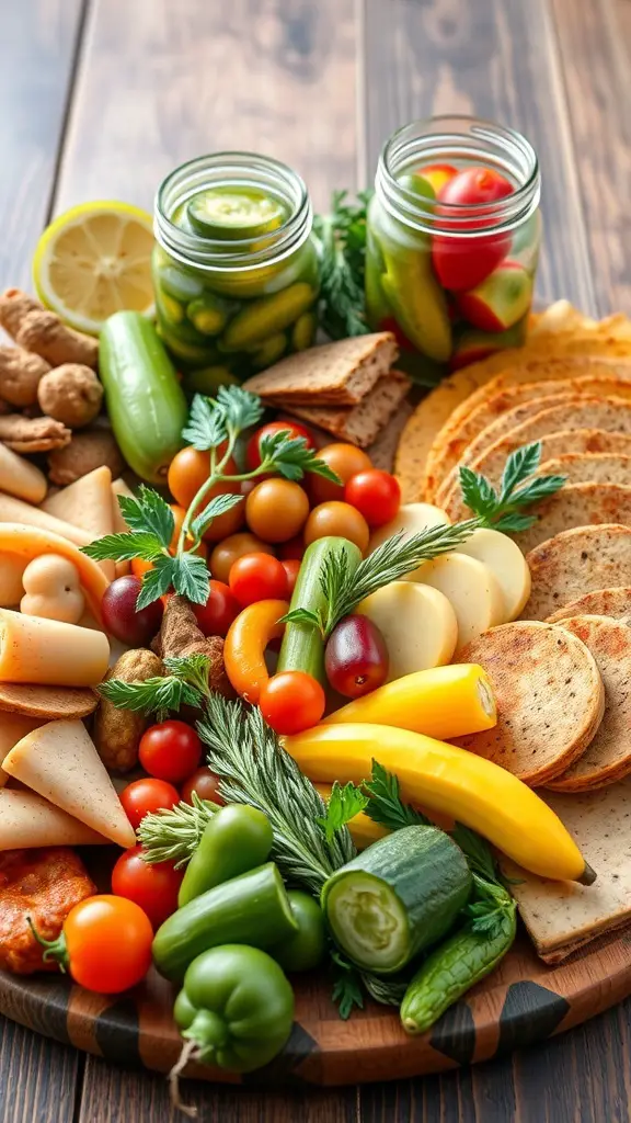 51+ Creative Easter Charcuterie Board Ideas 4 A vibrant charcuterie board featuring colorful pickled vegetables, fresh produce, and assorted snacks.