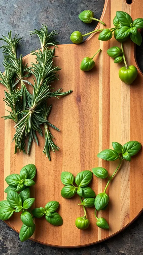 Fresh rosemary and basil on a wooden cutting board