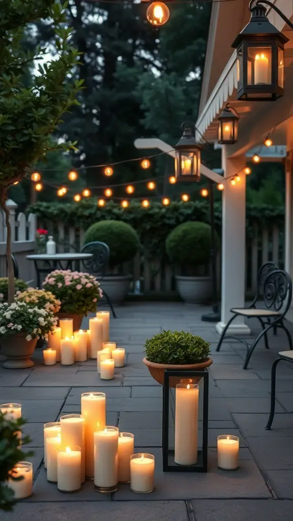 A beautifully decorated patio with candles and string lights, creating a warm and inviting atmosphere.